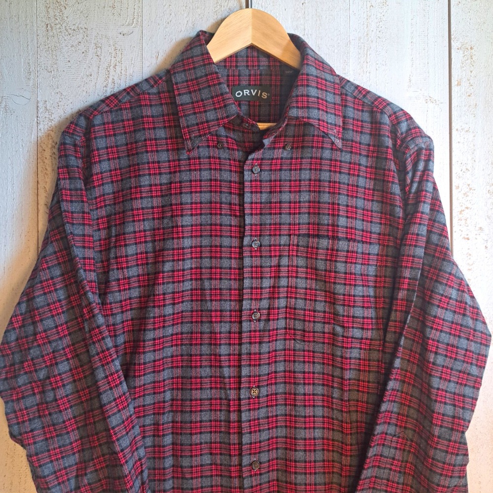Orvis Plaid Cabincore Rugged Flannel Classic L Button-Up Shirt Red/Gray/Black